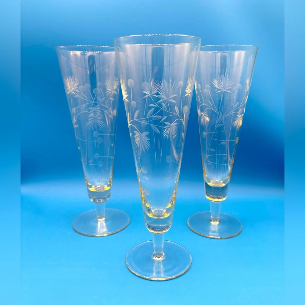 3 Vintage Etched Arcadia Glass Pilsner Glasses Floral w/Berries Barware Cocktail